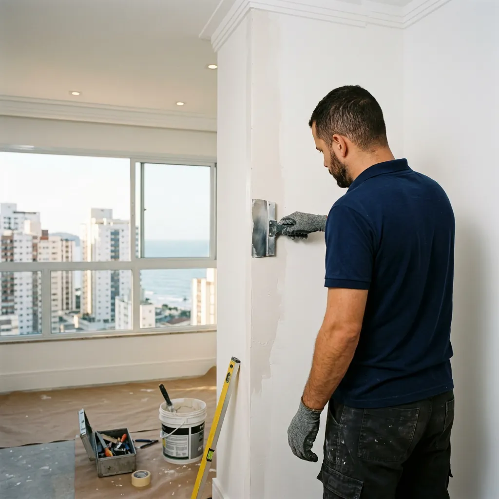 Profissional fazendo o acabamento de uma parede com espátula em apartamento com vista para o mar
