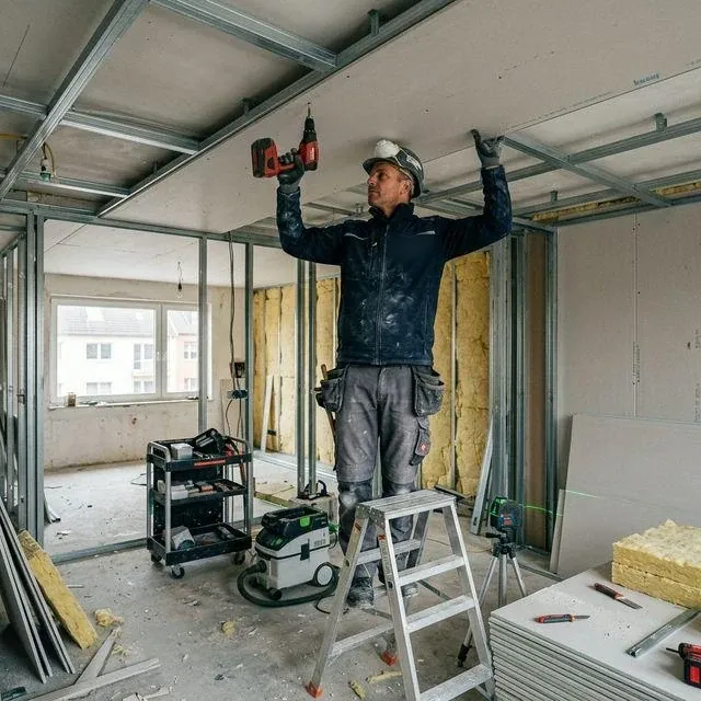 Montagem de forro e paredes de drywall com estrutura metálica e isolamento