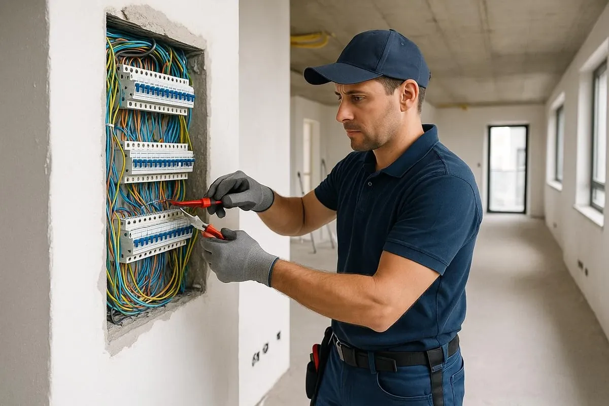 Eletricista organizando os disjuntores de um quadro de distribuição