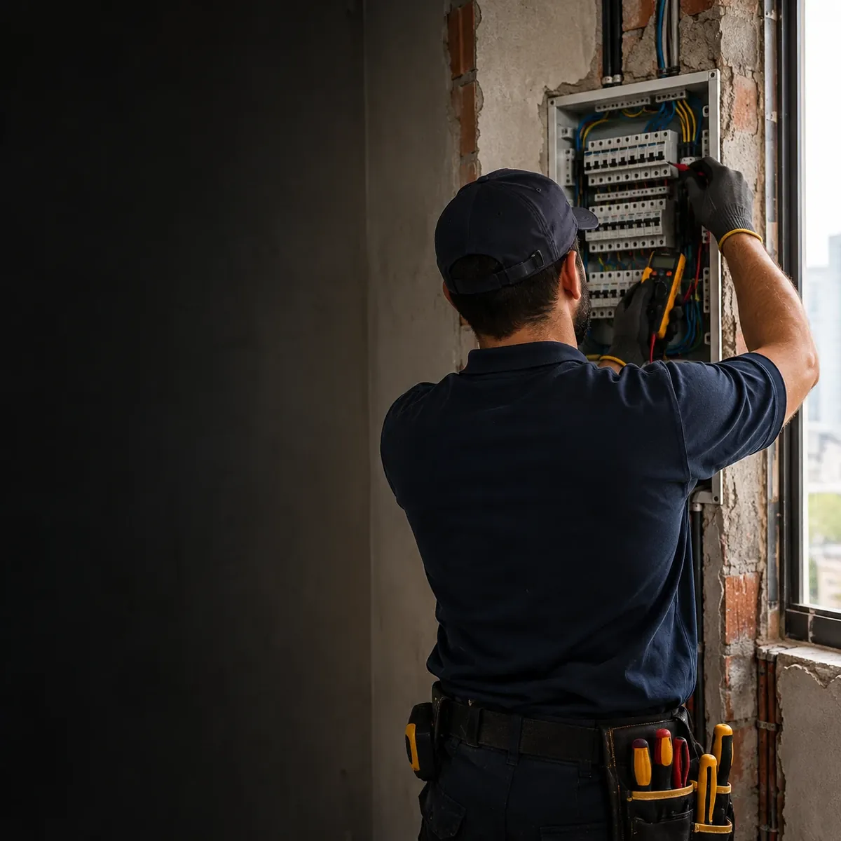 Eletricista fazendo manutenção no quadro de disjuntores