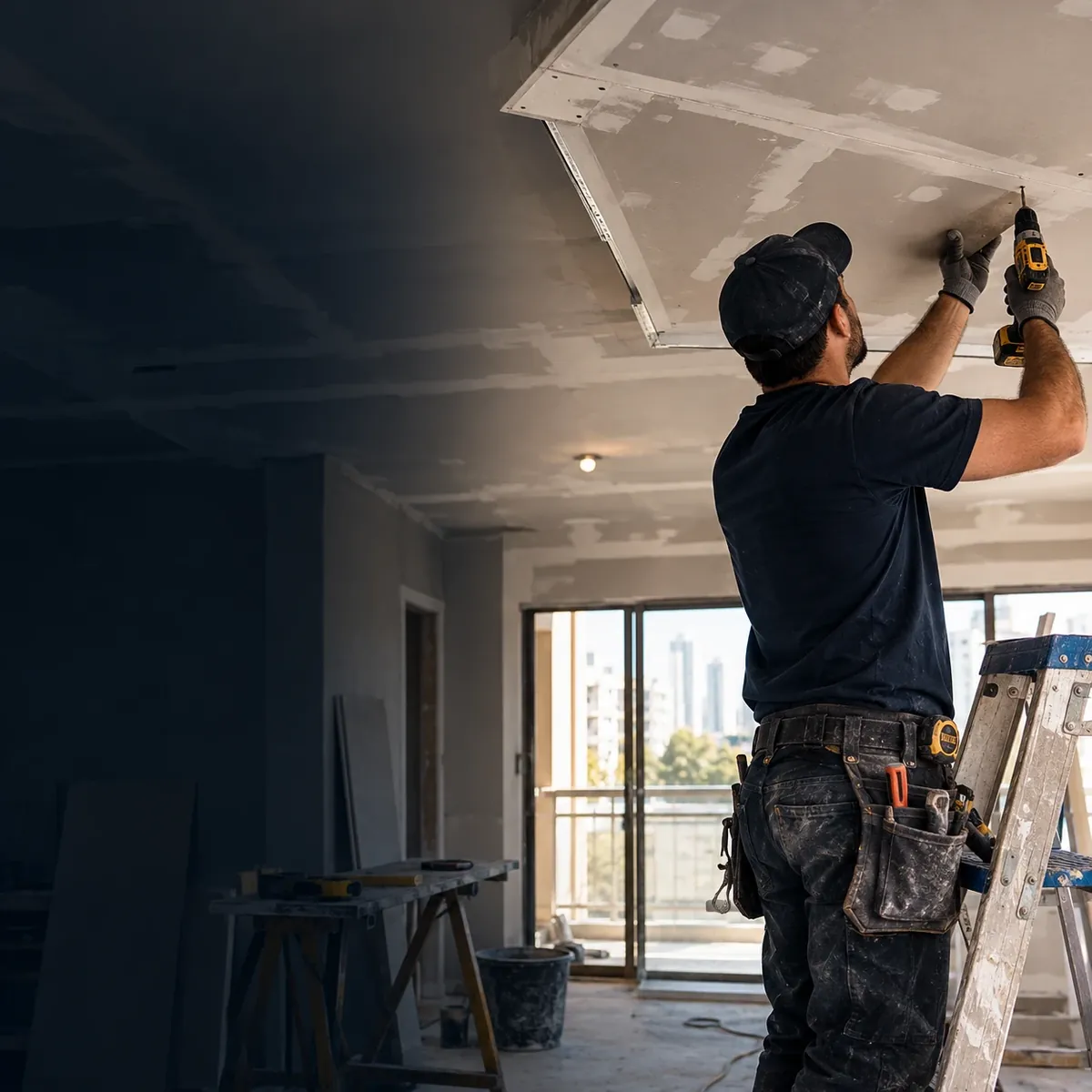 Profissional instalando forro de drywall no teto de um apartamento