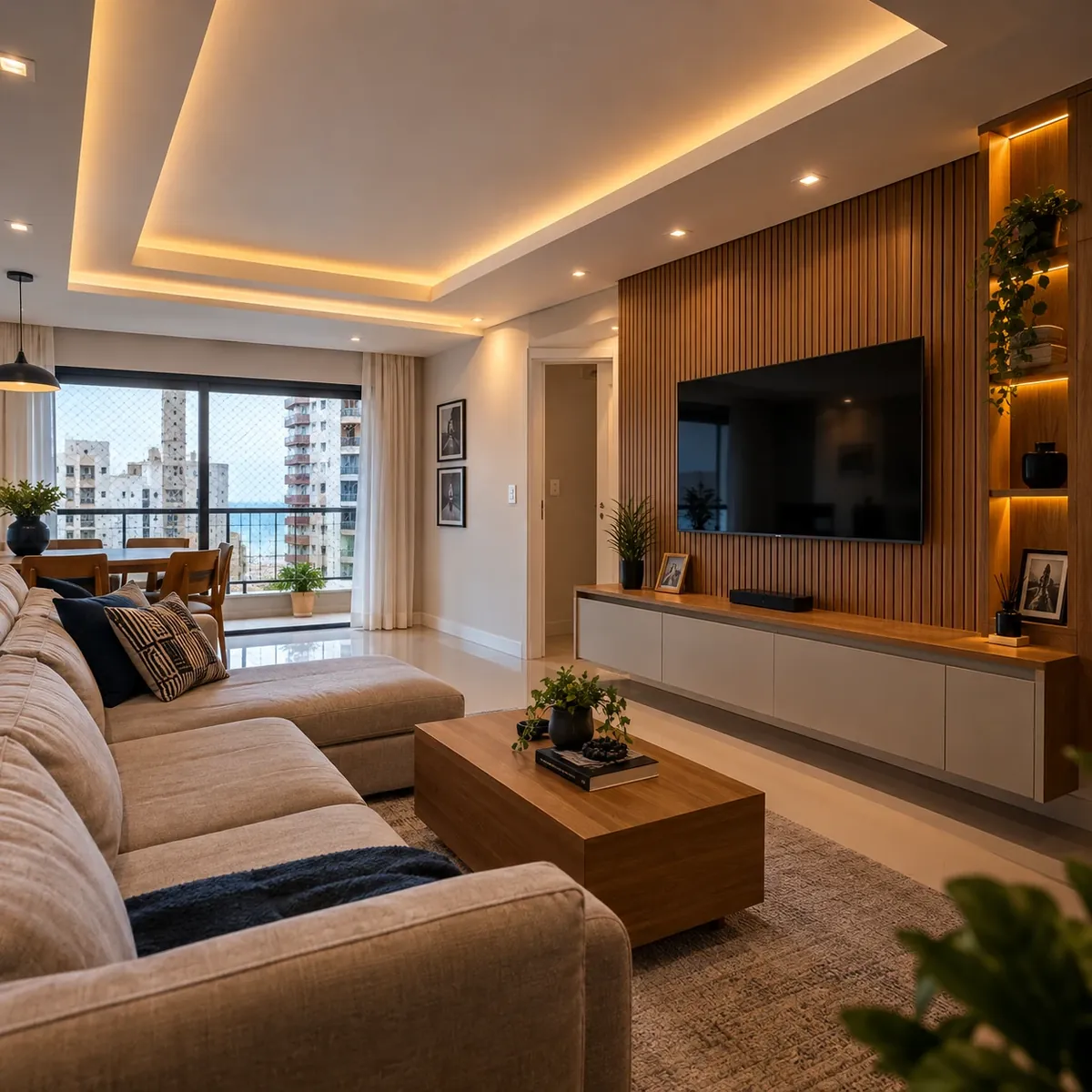 Sala com forro de gesso rebaixado, sanca com iluminação de LED e spots embutidos