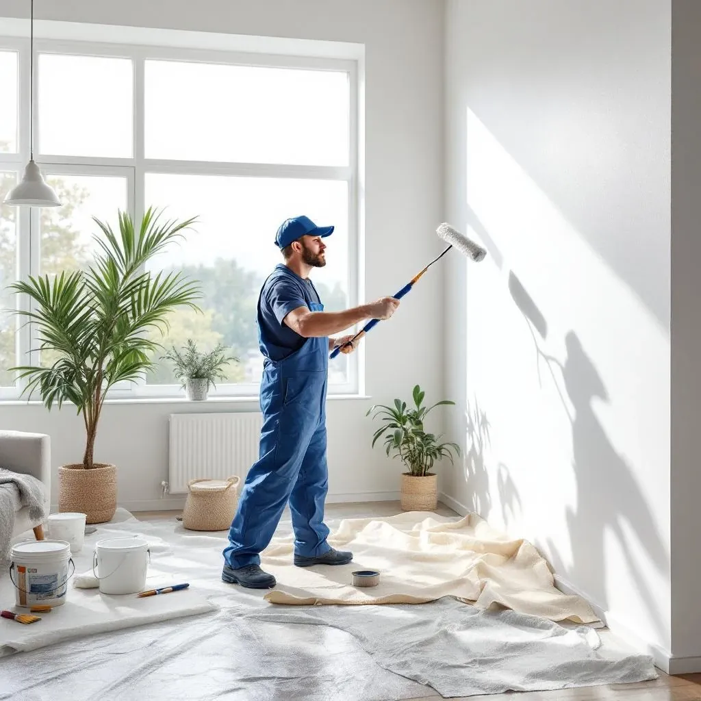 Pintor pintando parede branca com rolo em uma sala iluminada
