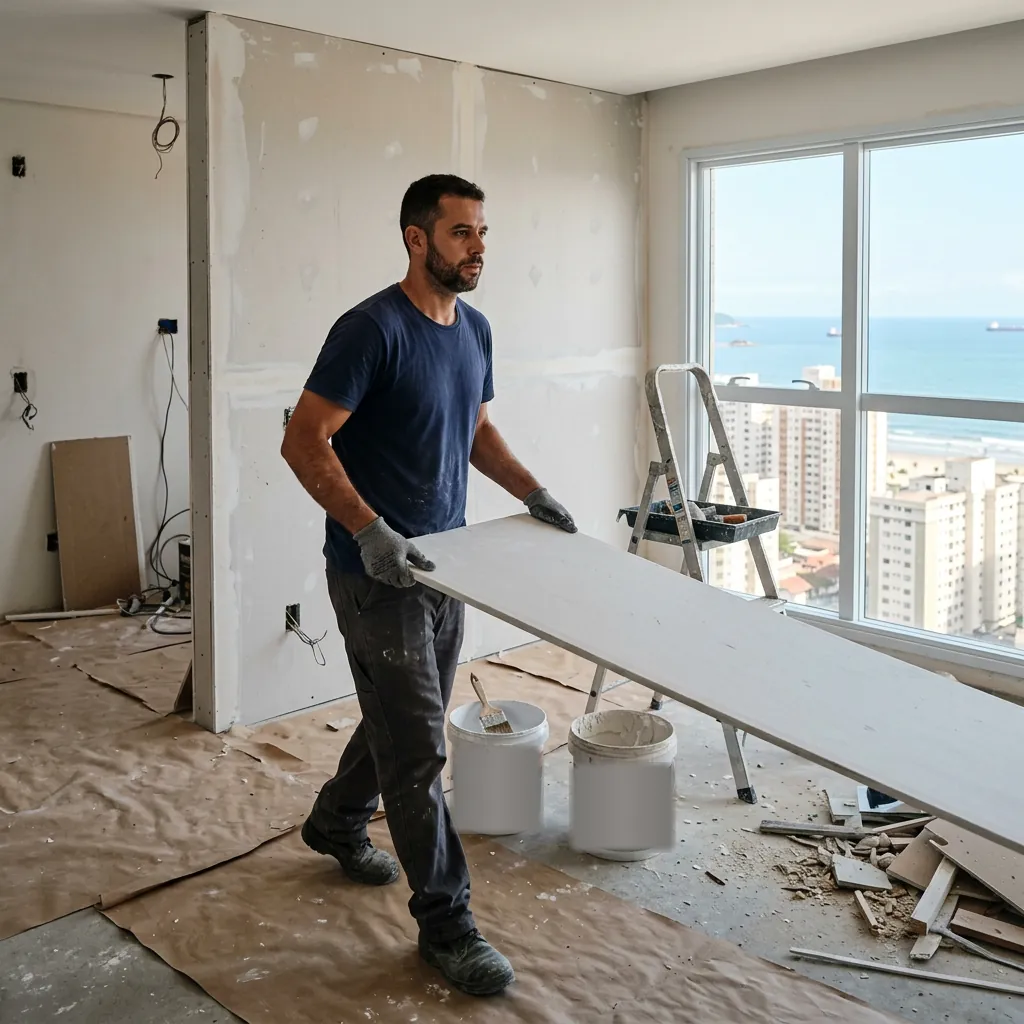 Profissional carregando placa de drywall durante a reforma de um apartamento