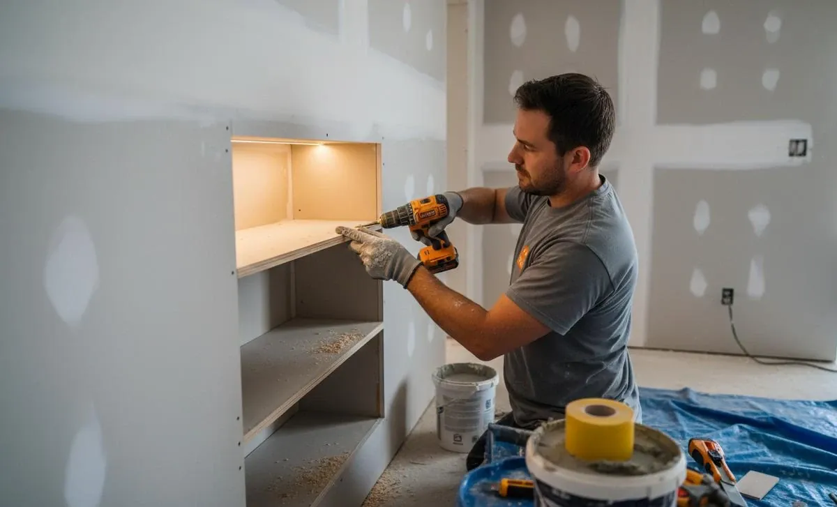 Profissional montando nicho em drywall com iluminação de LED