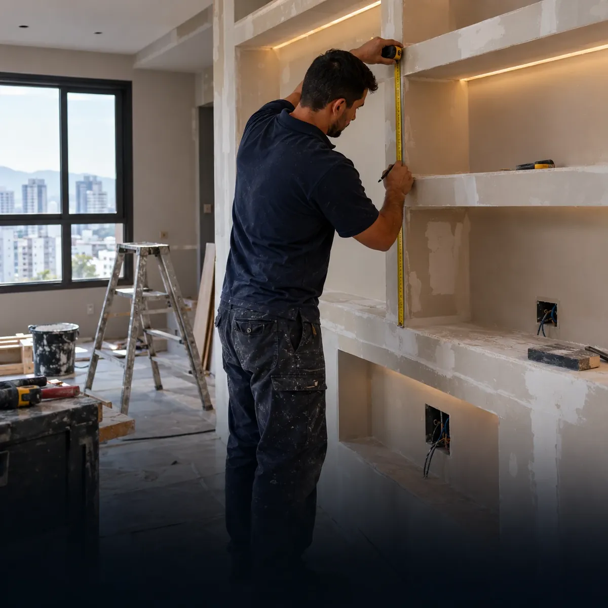 Profissional medindo estante e nichos em drywall com iluminação de LED